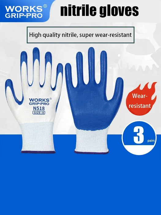 An image of AliExpress brand nitrile gloves in size 8. The gloves feature a predominantly white design with blue nitrile coating over the palms and fingers. Text highlights these breathable gloves as high quality, super wear-resistant, and anti-slip, with each pack containing 3 pairs of Non-slip Wear-resistant Breathable Nitrile Gloves.