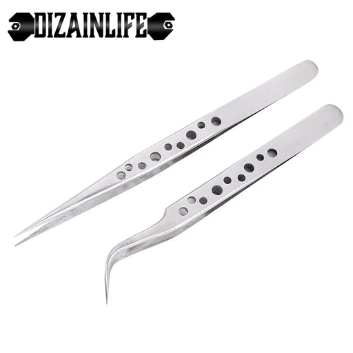 Two industrial precision tweezers are displayed against a white background. One tweezer has straight, fine tips, while the other has curved, fine tips. Both tweezers feature perforated handles with multiple circular holes. The brand name "AliExpress" is shown at the top. Enjoy free shipping via ePacket or China Post air mail.