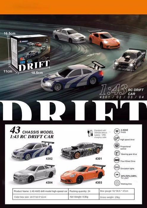 High-Speed 2.4G 1/43 Scale 4WD RC Drift Car with Remote Control - Mini Racing Model Toy for Boys