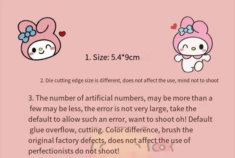 Two cute cartoon bunnies in pink hats sit on a beige background with kawaii hearts, including size details and minor defect notes. Kawaii Hello Kitty Sealing Stickers by Lacatang Shop are perfect for fans who appreciate charming anime decor despite small imperfections.