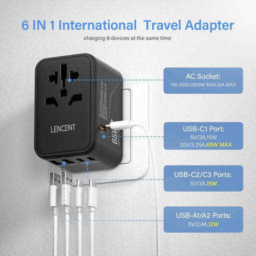 Image of the LENCENT 65W/100W GaN International Travel Adapter by AliExpress plugged into a wall socket. The adapter features multiple ports: one AC socket, one USB-C1 port, two USB-C2/3 ports, and two USB-A1/2 ports. It offers fast charging capabilities and overload protection with detailed power specifications for each port.