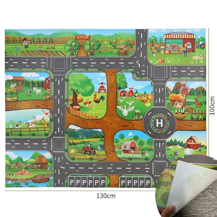 Kids Waterproof Playmat - Portable Dinosaur and Farm Road Activity Carpet for Toddlers, Non-Toxic Educational Crawling Mat