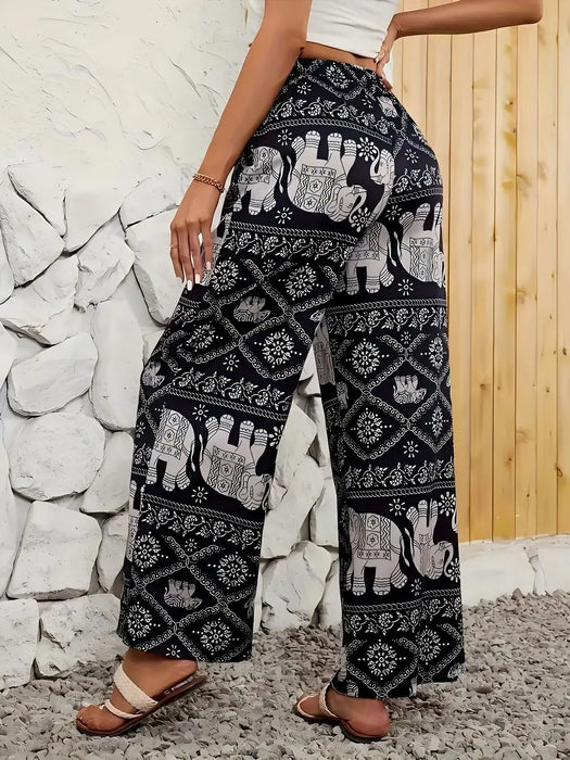 Fashion Women Wide Leg Pants High Waist Thailand Elephant Print Pant Summer Thin Straight Trousers Casual Bottom Female Clothing