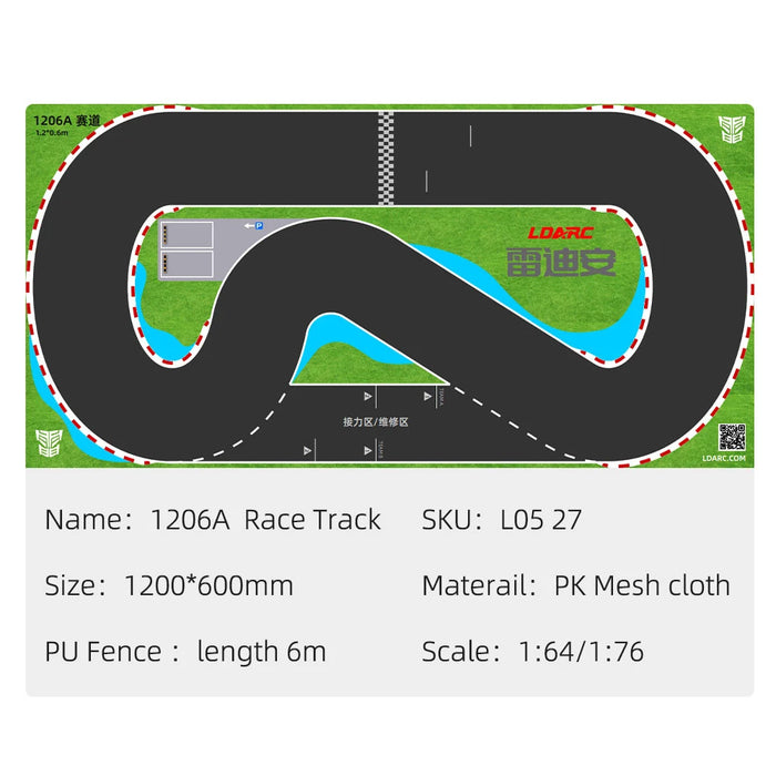 The Lacatang Shop Portable Mini RC Car Race Track Mat features a winding black track with green grass and grid details. It's designed for 1/76 scale RC cars, measuring 120x60cm with a PU fence length of 6m, and made from PK mesh cloth.