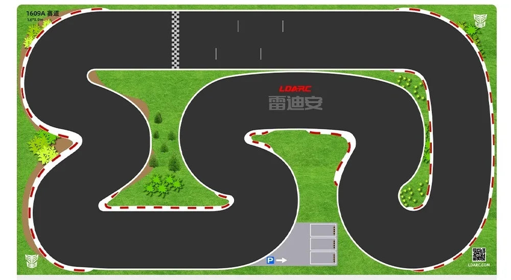 The Lacatang Shop's Portable PK Mesh Race Track Mat, available in 160x90cm and 120x60cm options, offers an exhilarating mini RC racing experience with a winding track design featuring red and white curbs, a start/finish line, and a small 'P' marked parking area surrounded by bushes and trees.