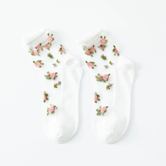 Lacatang Shop's Delicate Vintage Floral Lace Ruffle Socks feature crystal silk with pink rose embroidery, embodying kawaii Harajuku style on a white background.