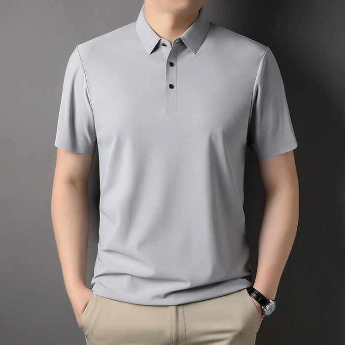 Classic Black High Quality Wrinkle Resistant Ice Silk Short Sleeved T-shirt Men's Summer Lapel Casual Solid Color Tops Polo Men