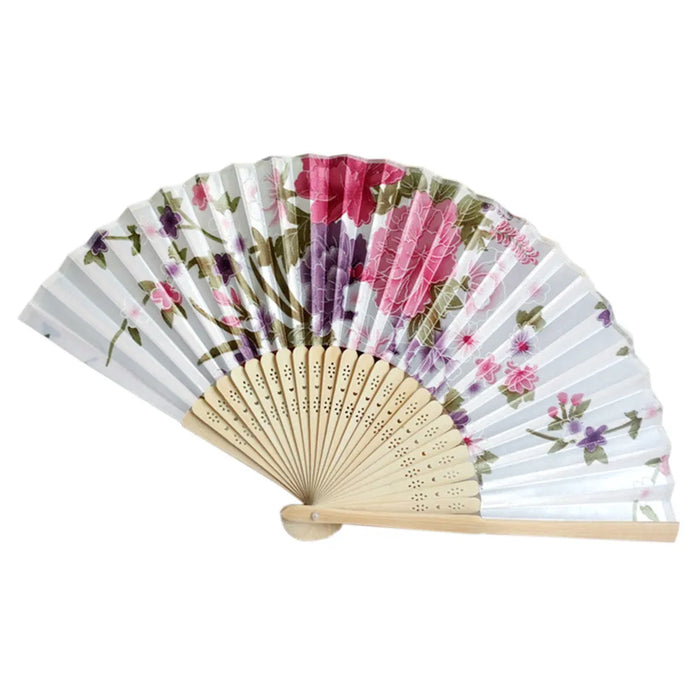 Elegant Floral Bamboo Bone Foldable Cloth Hand Fan for Weddings, Parties, and Performances