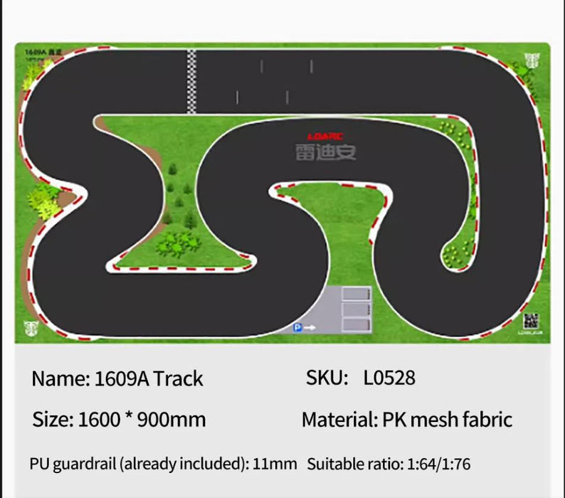 The Lacatang Shop offers the LDARC V64 Mini RC Car Racing Track Mat in a winding layout with red and white borders. Available in size 1600mm x 900mm, it's made of PK mesh fabric with an 11mm PU guardrail. Perfect for RC car racing at 1:64 / 1:76 scales. Model: "1609A Track," SKU: "L0528.