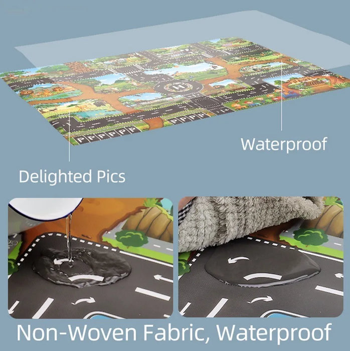 Kids Waterproof Playmat - Portable Dinosaur and Farm Road Activity Carpet for Toddlers, Non-Toxic Educational Crawling Mat