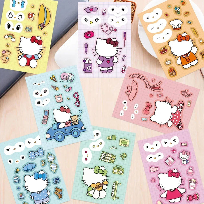 Kawaii Hello Kitty Assemble Jigsaw Puzzle Stickers - 8/16 Sheets Fun Make-a-Face Game for Kids