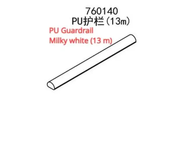 Illustration of a milky white PU guardrail, 13m long and labeled "760140," designed for customizable layout in the TURBO RACING 1:76 Remote Control Car Track Mat by Lacatang Shop. Description includes English and Chinese, perfect for enhancing RC car racing experience.