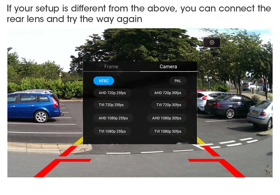 The Develuck HD 1080P Car Rear View Camera by Lacatang Shop displays parking guidelines and lets you select video outputs like AHD 720p, TVI 1080p, and HD 1080P. In the background, parked cars and green trees are visible.