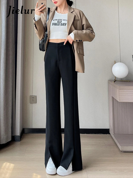 Jielur Coffee Skinny Basic Suit Women Wide Leg Pants Autumn Straight Casual Apricot Trousers Solid Color Split Office Lady Pants