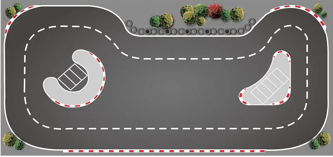 The 3.2m Drift Racing Track by Lacatang Shop showcases an overhead layout with two parking areas marked in red and white, durable PVC cloth design, and decorative green and red shrubs, perfect for Mini-Z, Mini-Q, and Wltoys K989/K969 enthusiasts.