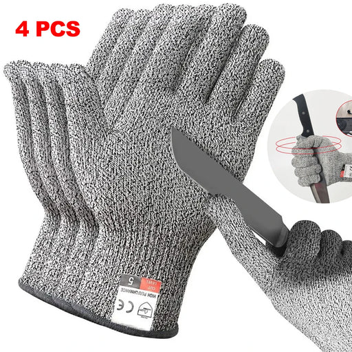 A set of four AliExpress HPPE Level 5 Safety Anti Cut Gloves High-strength Industry Kitchen, labeled "4 PCS," is shown with one glove holding a knife to demonstrate cutting resistance. The gloves' tags feature icons indicating high performance standards. An inset image illustrates the protective quality against sharp objects, making them essential kitchen gadgets.