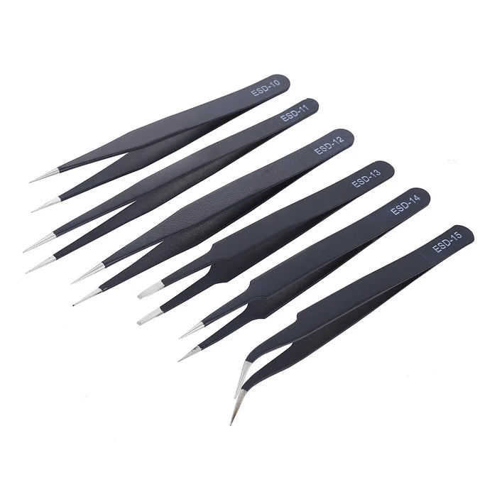 The AliExpress 6Pcs Anti-static ESD Stainless Steel Tweezers Maintenance Tool is a set of six black precision tweezers arranged in a row. Each high-quality tweezer is labeled with an identification code: ESD-10, ESD-11, ESD-12, ESD-13, ESD-14, and ESD-15. These new tweezers feature fine tips and vary slightly in shape and size.