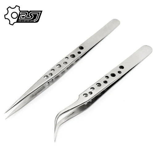 Two Electronics Industrial Tweezers from AliExpress, made of stainless steel and featuring anti-static properties. Each tweezer has perforated ergonomic handles; one pair with straight pointed tips and the other with curved pointed tips. Ideal for precision tasks such as eyelash extensions, these tweezers display the "BST" logo in the top left corner.