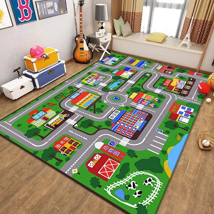 A playful room showcases the VIKAMA Kids' Cartoon Traffic Play Mat from Lacatang Shop, featuring roads and buildings. The room includes wooden floors, a guitar, vibrant toy storage, a window with curtains, plus a basketball and stuffed animal on the floor.