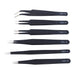 Introducing the AliExpress 6Pcs Anti-static ESD Stainless Steel Tweezers Maintenance Tool: a collection of six high-quality precision tweezers. Each tweezer is labeled with a different ESD designation (ESD-15, ESD-14, ESD-13, ESD-12, ESD-11, and ESD-10) and they are displayed against a white background. These tweezers feature fine, pointed tips ideal for handling small and delicate components.