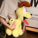 A person wears a beige shirt and brown skirt while holding Lacatang Shop's Kawaii Oudi Dog Plushie, featuring a yellow body, black nose, long red tongue, floppy ears, and large eyes—an ideal gift for anime lovers.