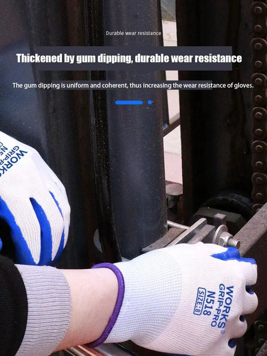 Two hands, wearing white and blue nitrile gloves labeled "AliExpress 3 Pairs Of Non-slip Wear-resistant Breathable Nitrile Gloves Size: 8," gripping metal components of an industrial machine. Text above reads, "Thickened by gum dipping, durable wear resistance. The gum dipping is uniform and coherent, thus increasing the wear resistance of these breathable work gloves.