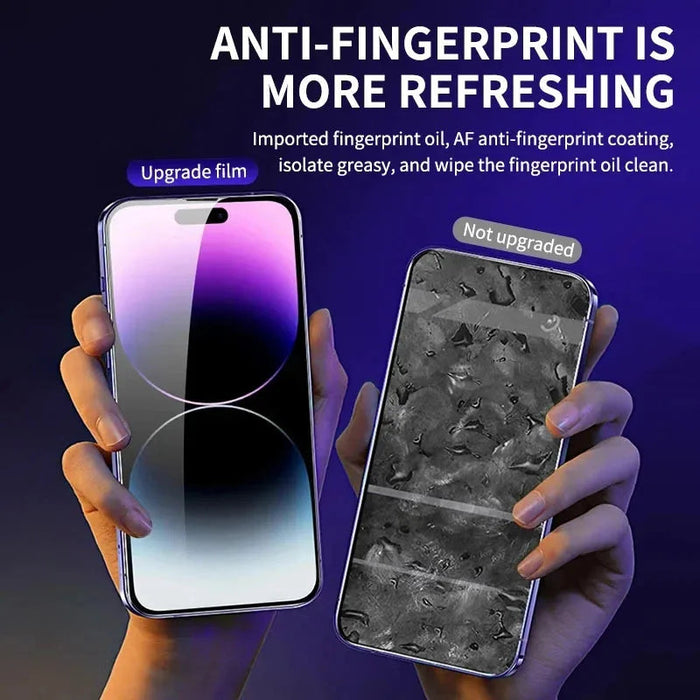 Two hands hold smartphones. The left phone has a clean, clear screen labeled "1-2Pc 8K High End Tempered Glass," while the right phone's screen is smudged and greasy, labeled "Not upgraded." The text above promotes AliExpress' advanced anti-fingerprint coating for a refreshing screen experience.