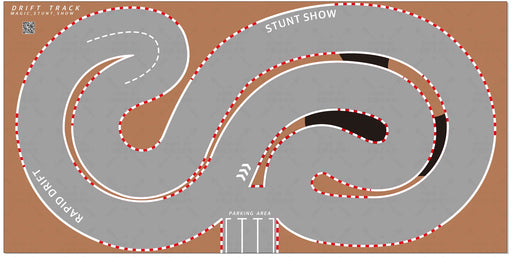 Illustration of the Lacatang Shop's 3.2m Drift Track Raceway for RC Kyosho Mini-Z & WLtoys K989/K969, featuring turns and labeled sections: "Rapid Drift" and "Stunt Show." The track, lined with red and white markers, includes a parking area with two arrows.