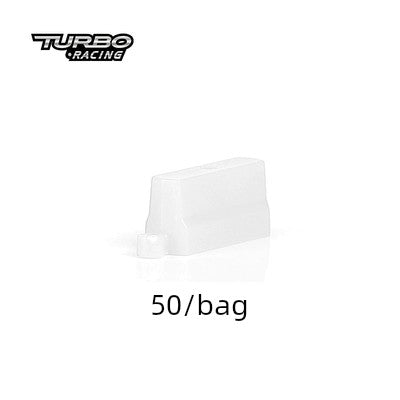 A small white plastic barrier with a detachable piece, ideal for enhancing model or miniature racing tracks. "TURBO RACING" is in the top left corner and "50/bag" below. Perfect for exhilarating Turbo Drift Remote Control Car Track experiences by Lacatang Shop, suited for any scene size.