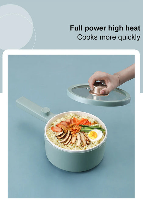 A hand lifts the lid of a light green Lacatang Shop 2024 New Portable 1.5L Multi-function Pot Rice Cooker Electric Cooking Stir Frying Noodle Pot, which is placed on a blue surface. Inside the pot, there is a dish with noodles, sliced mushrooms, carrots, and half a boiled egg. Text in the image reads: "Full power high heat cooks more quickly.