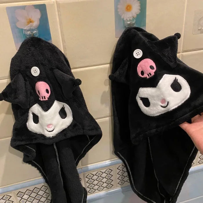 Cute Kuromi Anime Hair Drying Cap – Plush Water Absorbent Wrap Towel for Girls, Perfect Gift Idea