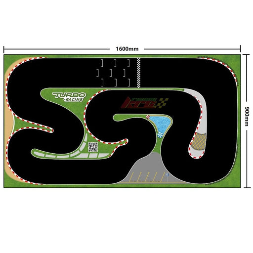 The Lacatang Shop's "Portable Turbo Racing Track Mat" is a detailed 1600x900mm rubber mat featuring a miniature race car track with multiple curves, labeled "Turbo Racing." It includes grass and parking areas to enhance the racing experience for mini scale cars (1/76, 1/64, 1/58).