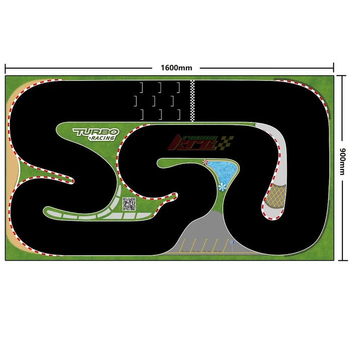 The Lacatang Shop's Turbo Racing 1.6m x 0.9m Portable PVC Race Track Mat for Mini RC Cars features a rectangular design with black curvy lanes on green, "Turbo Racing" text, parking zone, water feature, and red/white barriers.