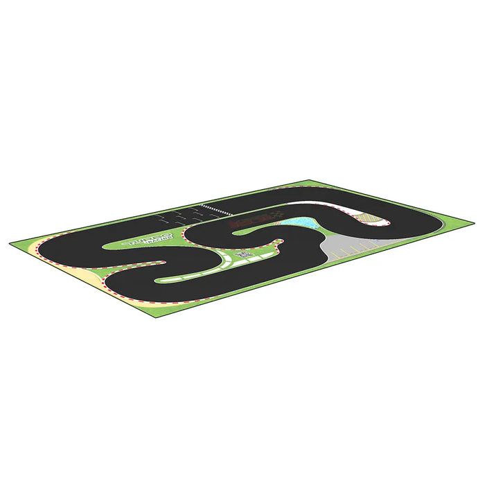 The Lacatang Shop High-Speed Turbo Racing Track (1600x900mm) for remote control cars (C61-C75) features a rectangular design with black curved tracks, red and white striped borders, grassy sections, and a checkered finish line on durable material for high-speed performance.