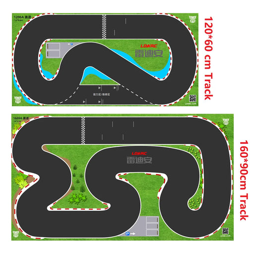 Experience racing on green fields with Lacatang Shop's Portable PK Mesh Race Track Mats. The top mat, 120x60 cm, features tight curves around a small blue area, while the bottom one, 160x90 cm, offers wider loops on red-bordered lanes and small grey boxed areas—ideal for mini RC cars.