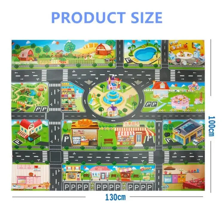 Illustrate the Interactive City Traffic Play Mat by Lacatang Shop with roads, parking, and buildings like farmhouses and shops. Ideal for imaginative play, it's waterproof and measures 130 cm x 100 cm. "PRODUCT SIZE" is prominently displayed at the top.