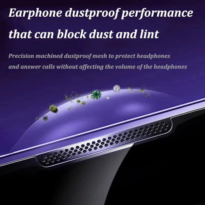 The product image showcases the 1-2Pc 8K High End Tempered Glass for iPhone 14, 13, 12, and 11 Pro Max XS Max by AliExpress. Featured is an earphone jack with a dustproof mesh that prevents the intrusion of dust particles and lint. The accompanying text from our company description emphasizes the precision machining of the mesh, ensuring clear call quality while preserving headphone volume levels. The background is adorned with a purple gradient.