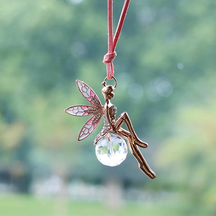 Enchanting Pink Crystal Fairy Pendant for Car Rearview Mirror Decoration