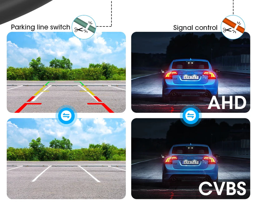 Diagram showing two parking modes with the Lacatang Shop Develuck HD 1080P 170° Fisheye Night Vision Car Rear View Camera. Left: Daylight view with parking lines on/off, trees in background. Right: Nighttime view featuring a blue car and CVBS control options.