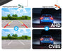 Diagram showing two parking modes with the Lacatang Shop Develuck HD 1080P 170° Fisheye Night Vision Car Rear View Camera. Left: Daylight view with parking lines on/off, trees in background. Right: Nighttime view featuring a blue car and CVBS control options.