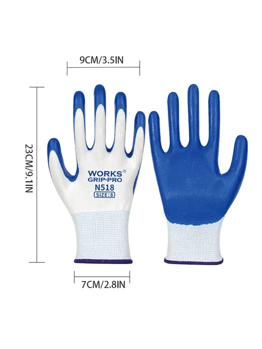 Displayed are two AliExpress Non-slip Wear-resistant Breathable Nitrile Gloves from a set of three pairs. One glove showcases the palm side with blue coating for an anti-slip grip, while the other reveals the breathable white fabric back. They are labeled NS18, size 8, and measure 9 cm in width, 7 cm at the wrist, and 23 cm in length. These gloves are reliable for any task.