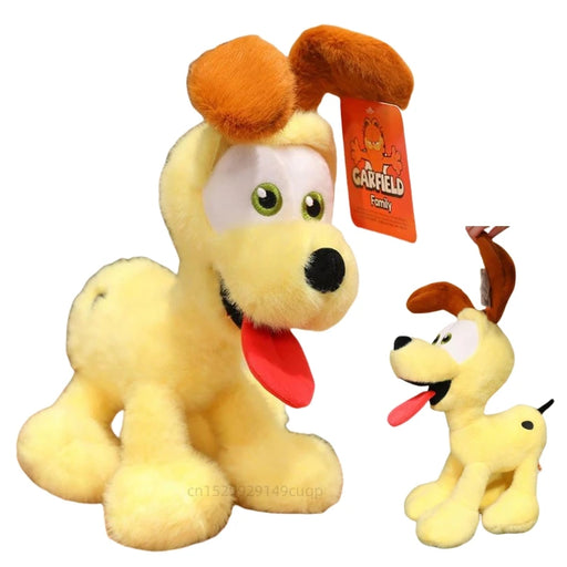 A Lacatang Shop "Kawaii Oudi Dog" plush toy features floppy brown ears, a black nose, and a red tongue, tagged "Garfield Family," with its smaller version against a plain white background.