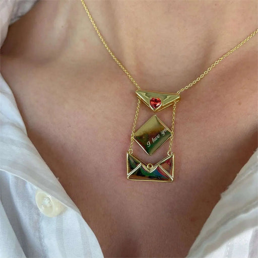 Trendy I Love You Letter Openable Envelope Shape Pendant Necklace Red Heart Zircon Stainless Steel Necklace Valentine Day Gifts.