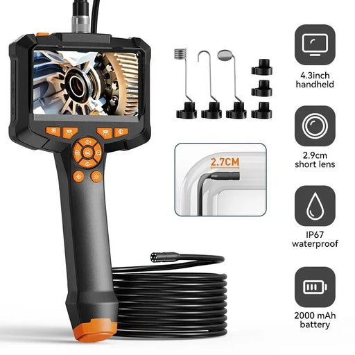 Introducing the AliExpress Industrial Endoscope Camera, featuring a 4.3-inch IPS screen and a 2.9cm short lens. This device boasts an IP67 waterproof rating, an 1080P HD camera, and a robust 2000mAh battery connected to a long, flexible cable for optimal inspection capabilities.