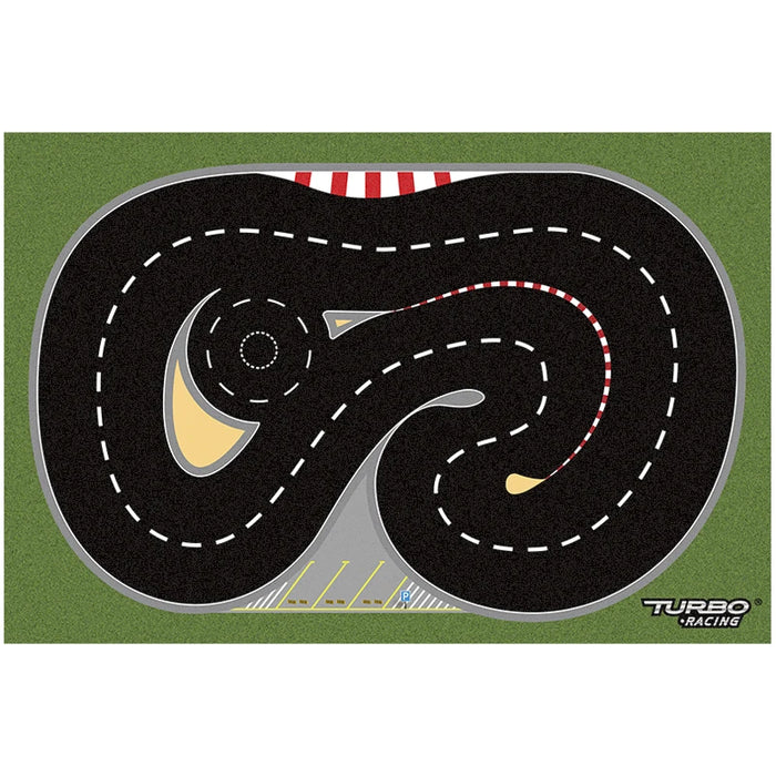 The Lacatang Shop's TURBO RACING 1:76 Track Set is a rectangular play mat with a winding race track ideal for remote control cars. It boasts multiple curves, a starting line, "Turbo Racing" text in the bottom right corner, and a vibrant green border.