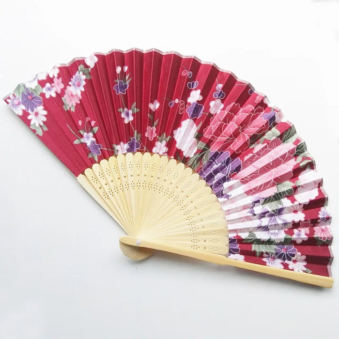 Elegant Floral Bamboo Bone Hand Fan - Foldable Cloth Accessory for Weddings, Parties, and Dance Performances