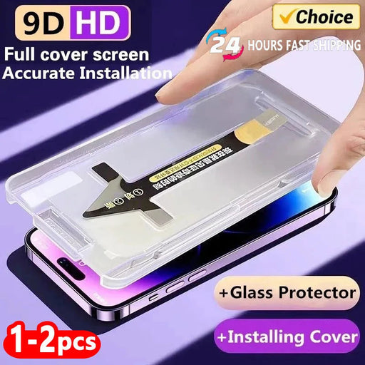 A smartphone is displayed with a clear plastic frame tool positioned for applying a screen protector. The image promotes AliExpress' 8K High End Tempered Glass for iPhone 14, 13, 12, 11 Pro Max, and XS MAX with precise installation. The description emphasizes "24 hours fast shipping" and features icons for the glass protector and installation cover.
