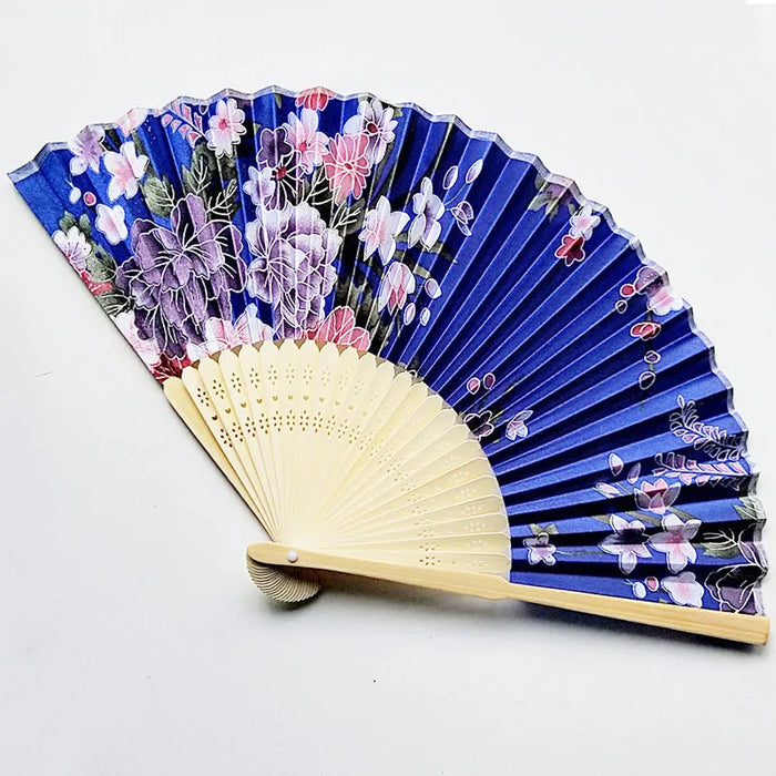 Elegant Floral Bamboo Bone Hand Fan - Foldable Cloth Accessory for Weddings, Parties, and Dance Performances