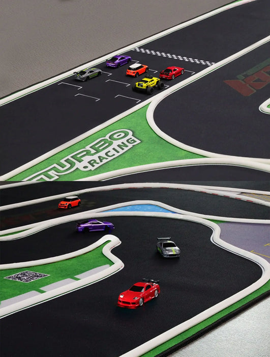 The TURBO RACING 1:76 Remote Control Car Racing Track Set by Lacatang Shop includes vibrant red, purple, and yellow toy cars on a black track with white lanes, sharp turns, a checkered start/finish line, and green "Turbo Racing" areas featuring jump and drift capabilities.