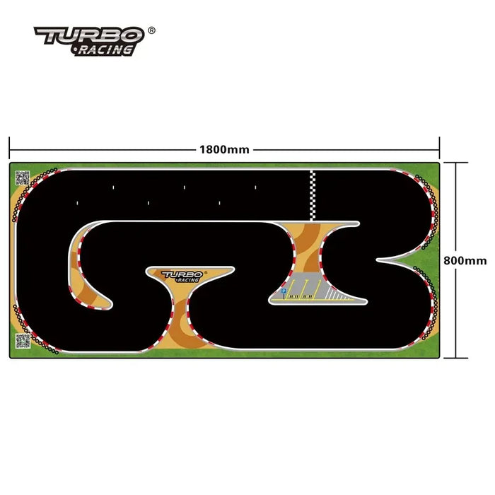 The Lacatang Shop's Portable 1/76 Scale Turbo Racing Rubber Mat offers RC mini car racing enthusiasts a realistic track experience with a winding circuit, checkered finish line, and starting grid. Set in a green 180x80 cm rectangular area, it's an ideal racing accessory.